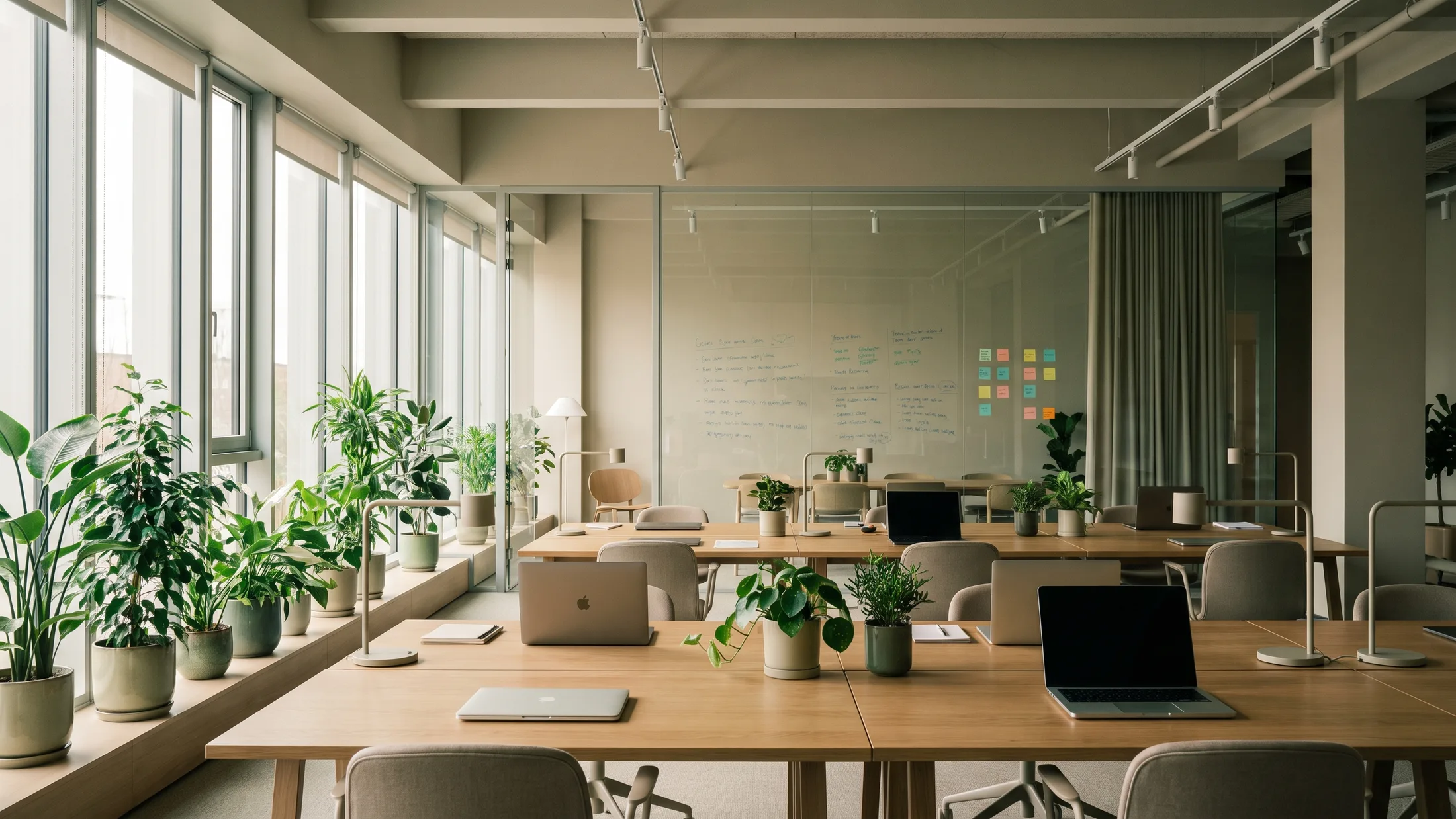 A modern open-plan office with nobody in it: light oak desks, closed laptops, plants along a bright window, and a glass writing wall covered in handwriting and sticky notes.
