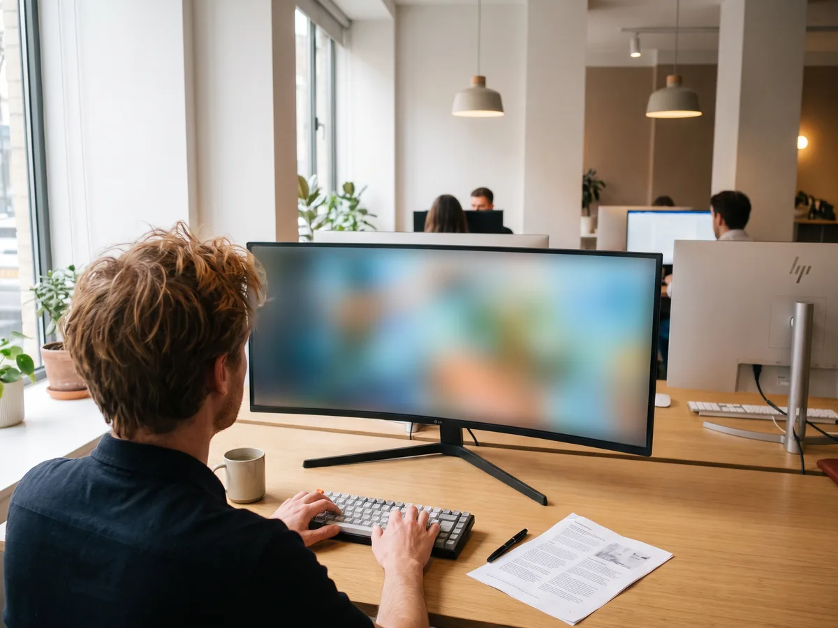 Over the shoulder of someone setting up an advertising campaign at a widescreen monitor in a bright modern office. The screen is turned away and out of focus.