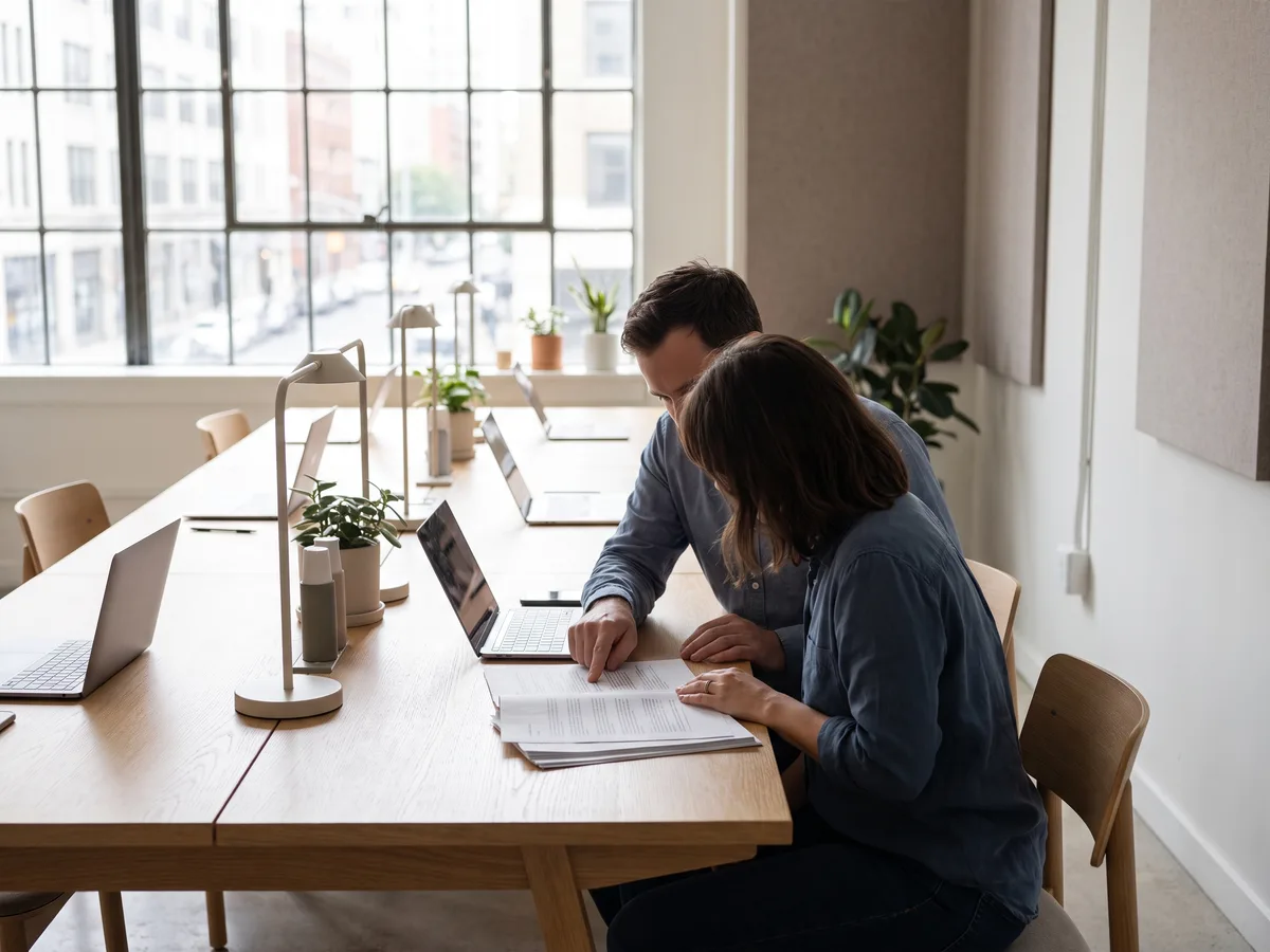 Two colleagues sitting side by side at a light oak table, both looking down at the same printed report, one pointing at a row on the page.