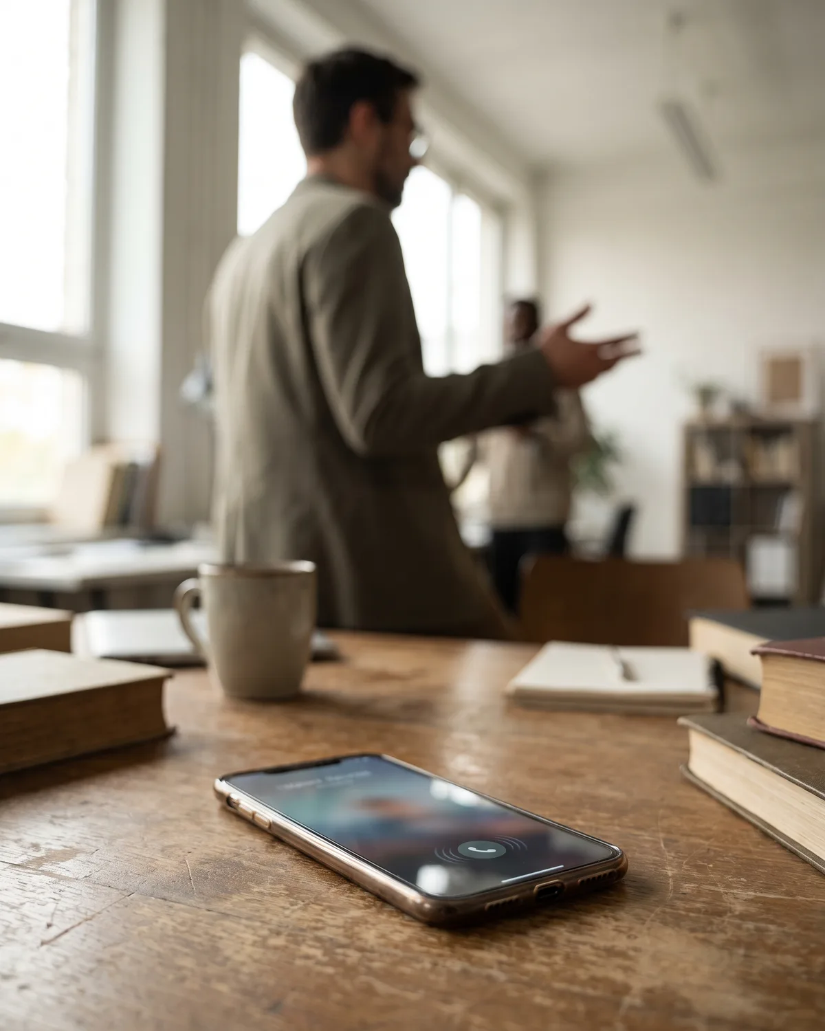 A phone lying face up on a desk, screen lit with an incoming call, while its owner stands blurred in the background mid-conversation with someone else.