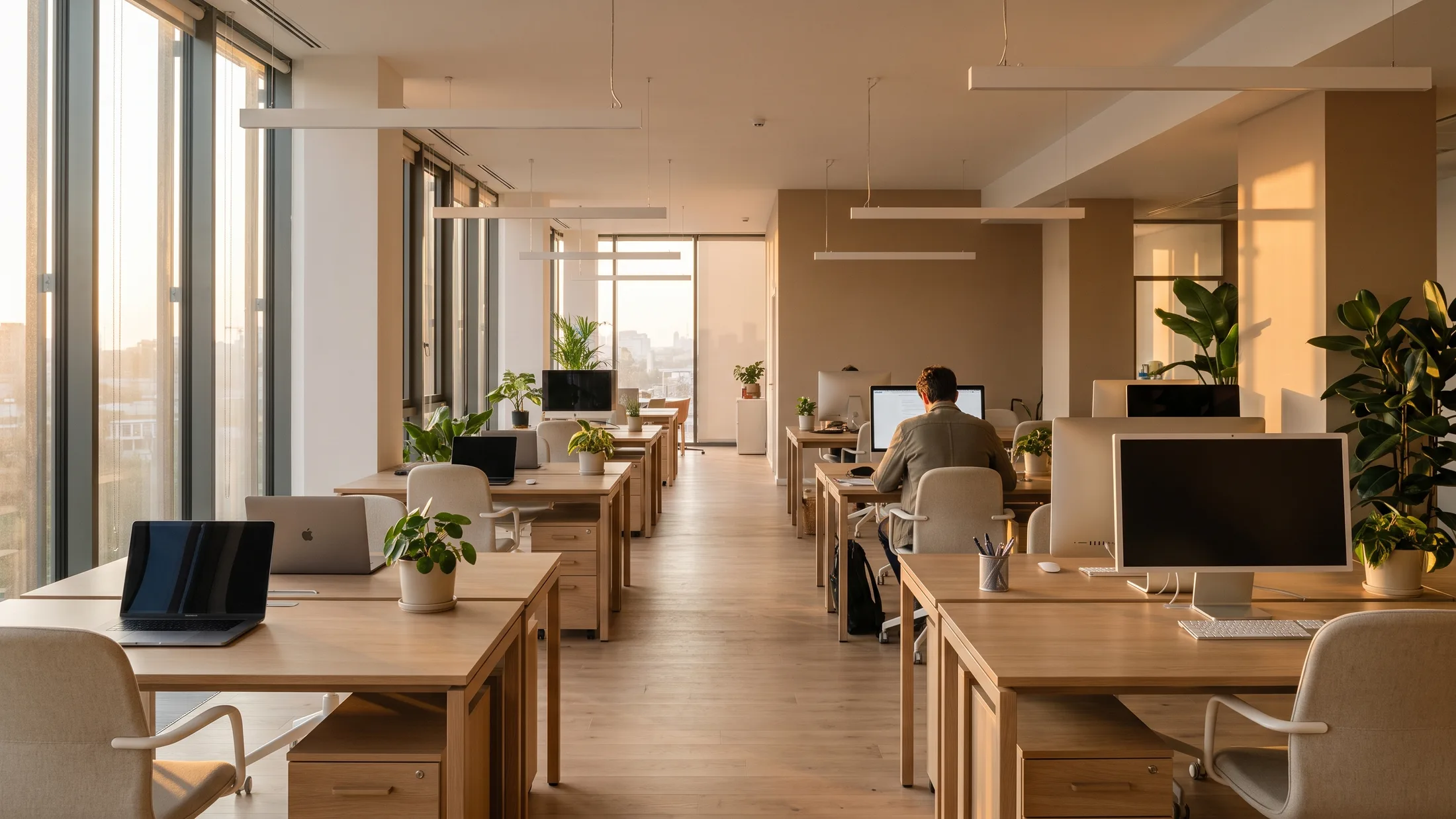 A modern open-plan office in warm late-afternoon light, most desks empty, one person still working at a desk in the middle distance.